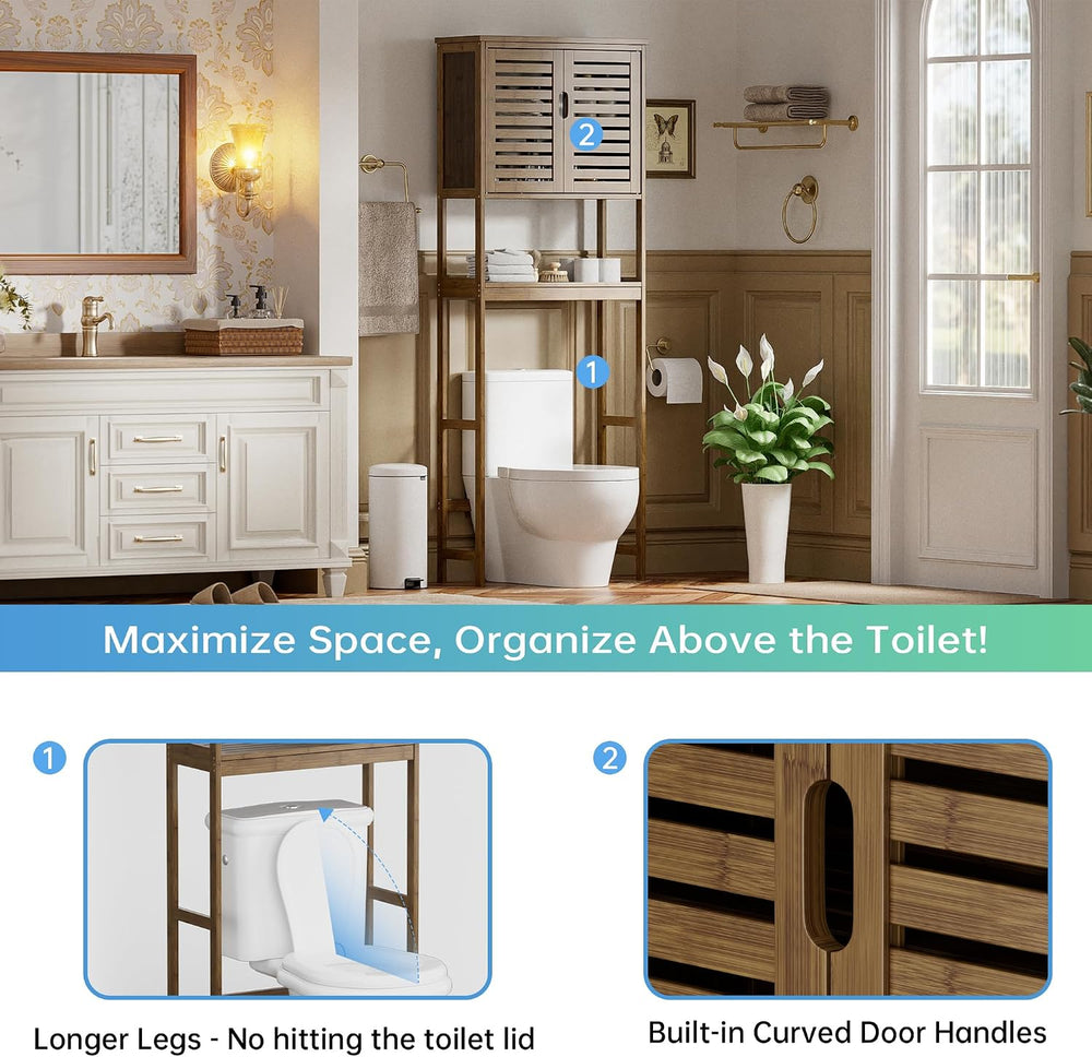 SMIBUY Bathroom Storage Shelf with Cabinet, Bamboo Over-The-Toilet Organizer ...