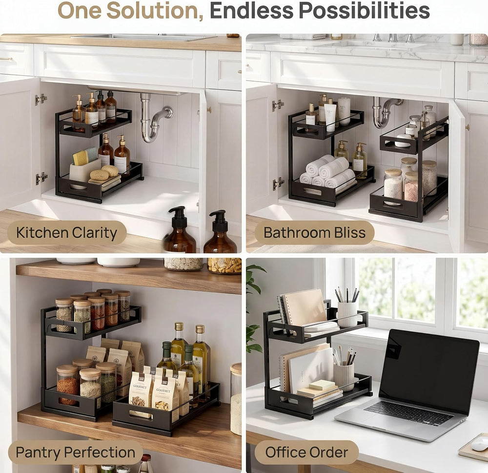 Under Sink Organizer Adjustable Height L Shaped Pull Out Cabinet Organizer