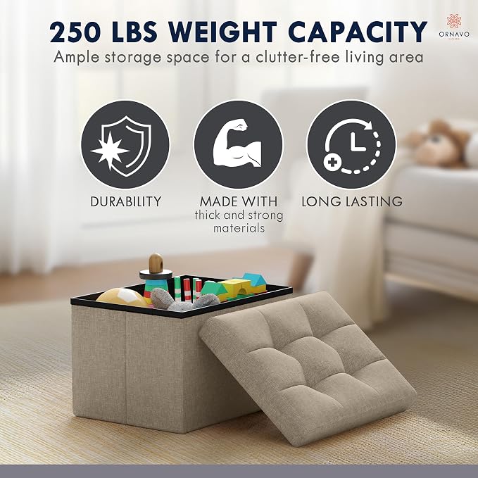 Ornavo Home Small Storage Ottoman, Foldable Collapsible Rectangle Linen Ottom...