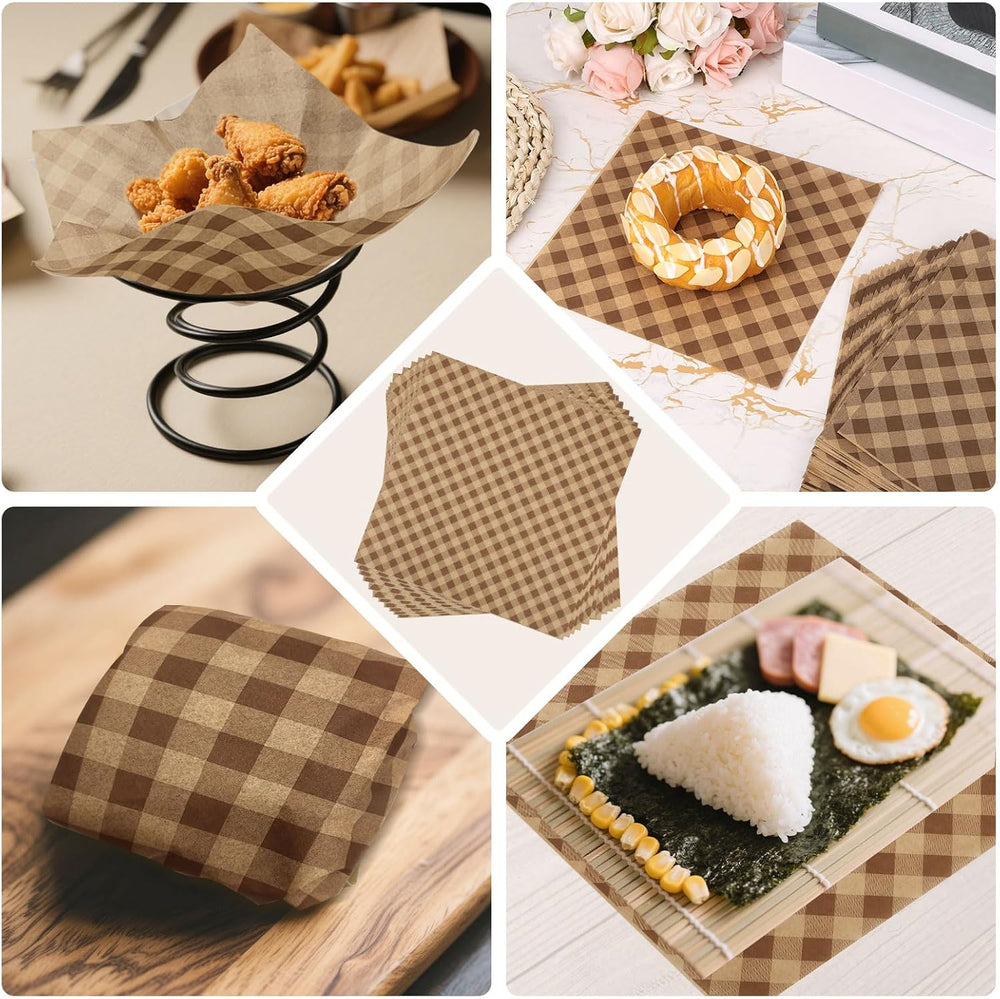 BOXOB 1000pcs Brown Checkered Wax Paper Sheets, 12x12in