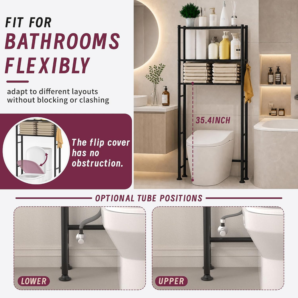 3-Tier Over The Toilet Storage Cabinet with Paper Holder and 4 Hooks, Metal O...