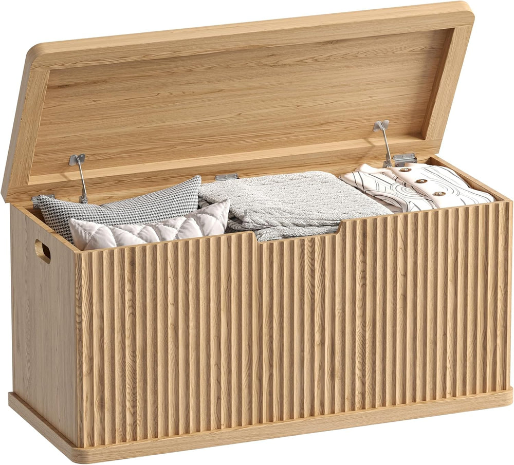 Akxomel 37.4" Fluted Storage Chest Wooden Storage Trunk 2 Safety Hinges Oak