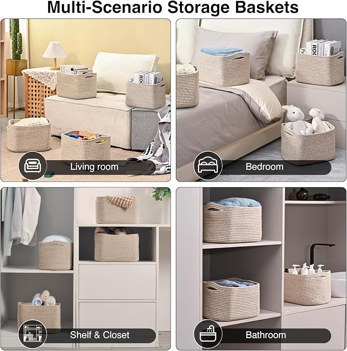 Small Storage Baskets for Shelves Organizing, Woven Cotton Rope Baskets for (...