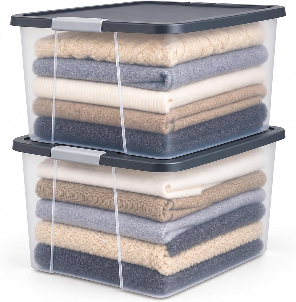 HOMZ Clear Plastic Storage Bin with Secure Latching Gray Lid, 64 Qt, 2 Pack