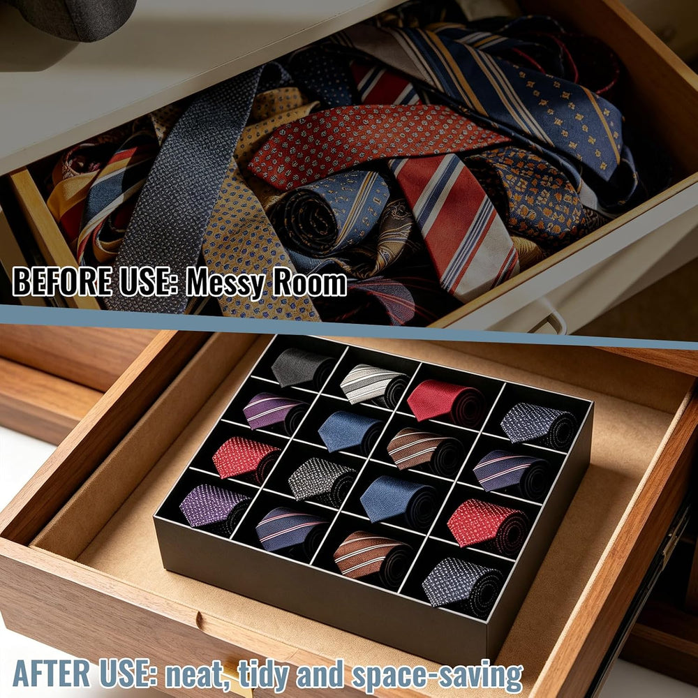 2 Pack Tie Box Organizer Wall Mounted Black Acrylic with 16 Compartments, Tie...