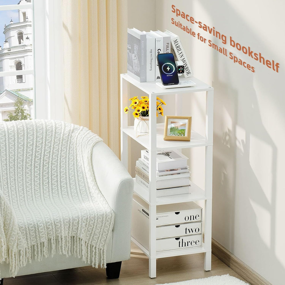 4 Tier Small Bookshelf, Narrow Tall Shelf, Wooden Book Shelf, White