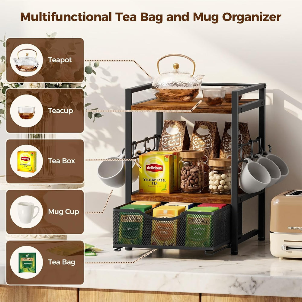 3-Tier Tea Bag Organizer with Drawer for Countertop