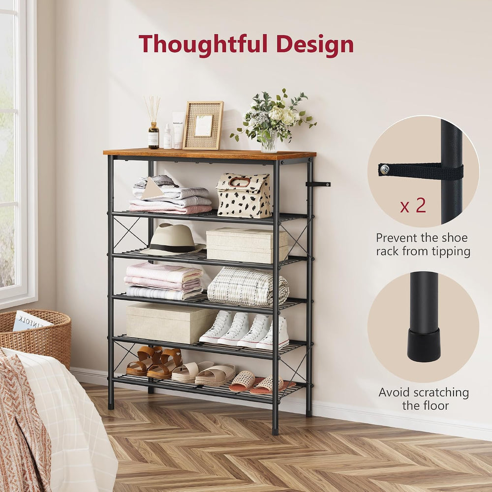 Tajsoon 6 Tier Shoe Rack for 20-24 Pairs of Shoes, Rustic Brown & Black