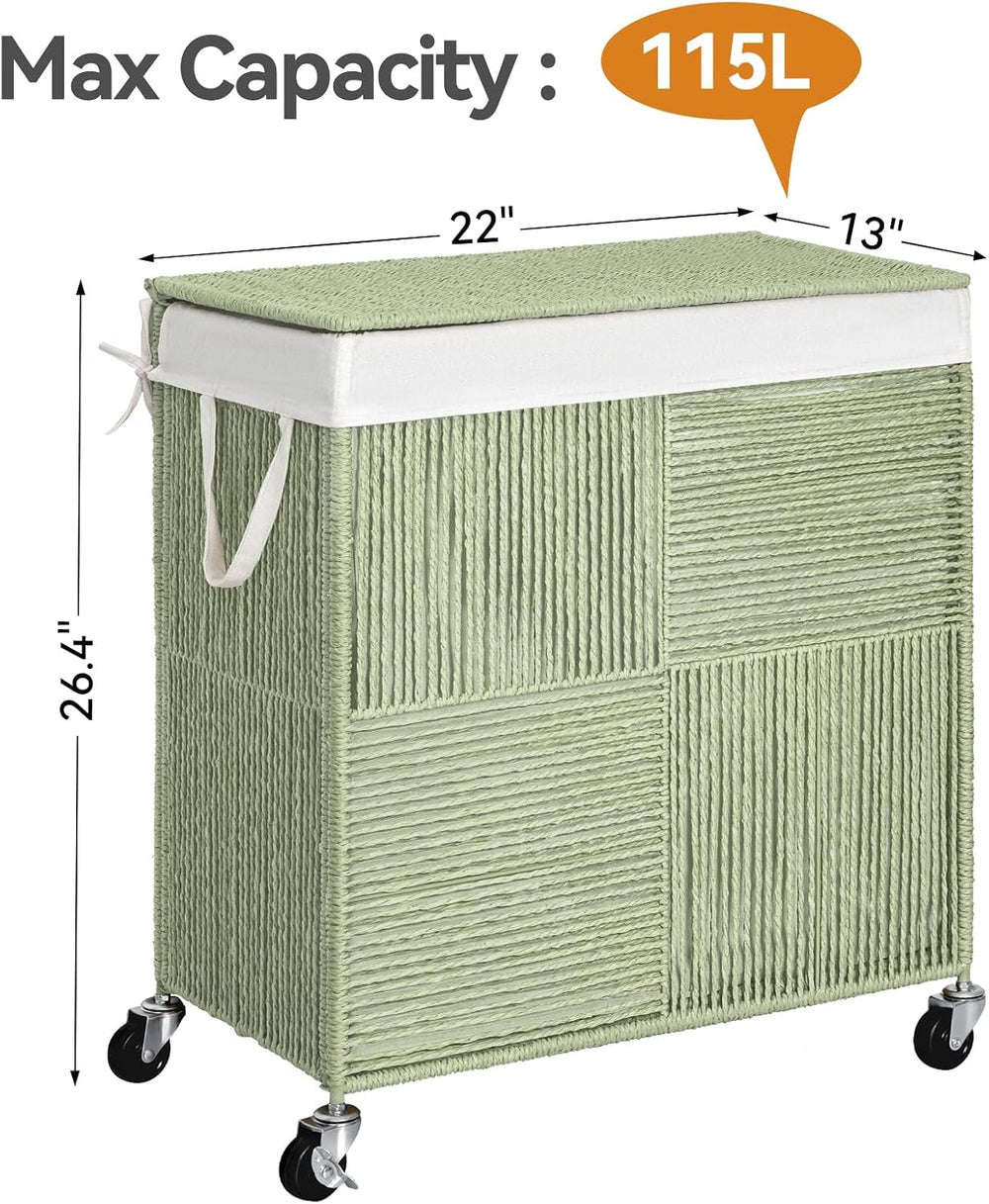 WOWLIVE Double Laundry Hamper with Wheels, Handwoven Rolling Laundry Basket