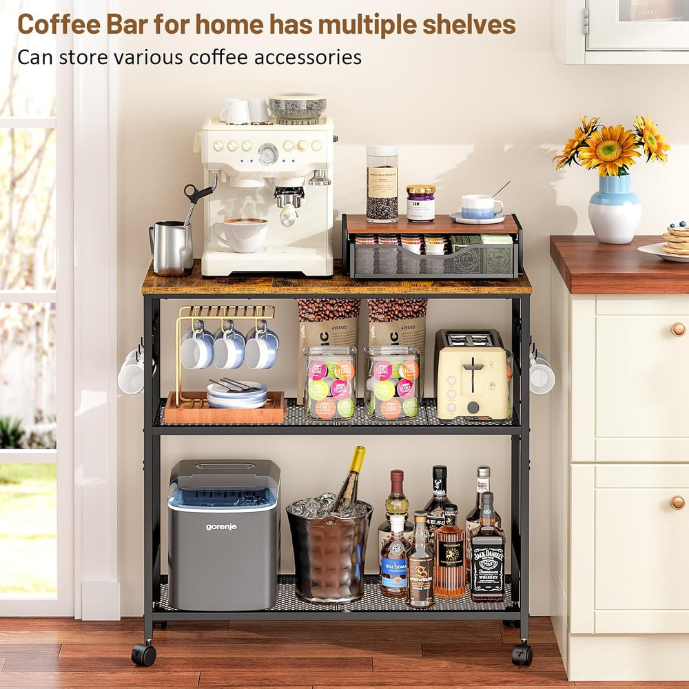 3 Tier Rolling Kitchen Microwave Cart, 33 Inch Microwave Table Stand with Adj...