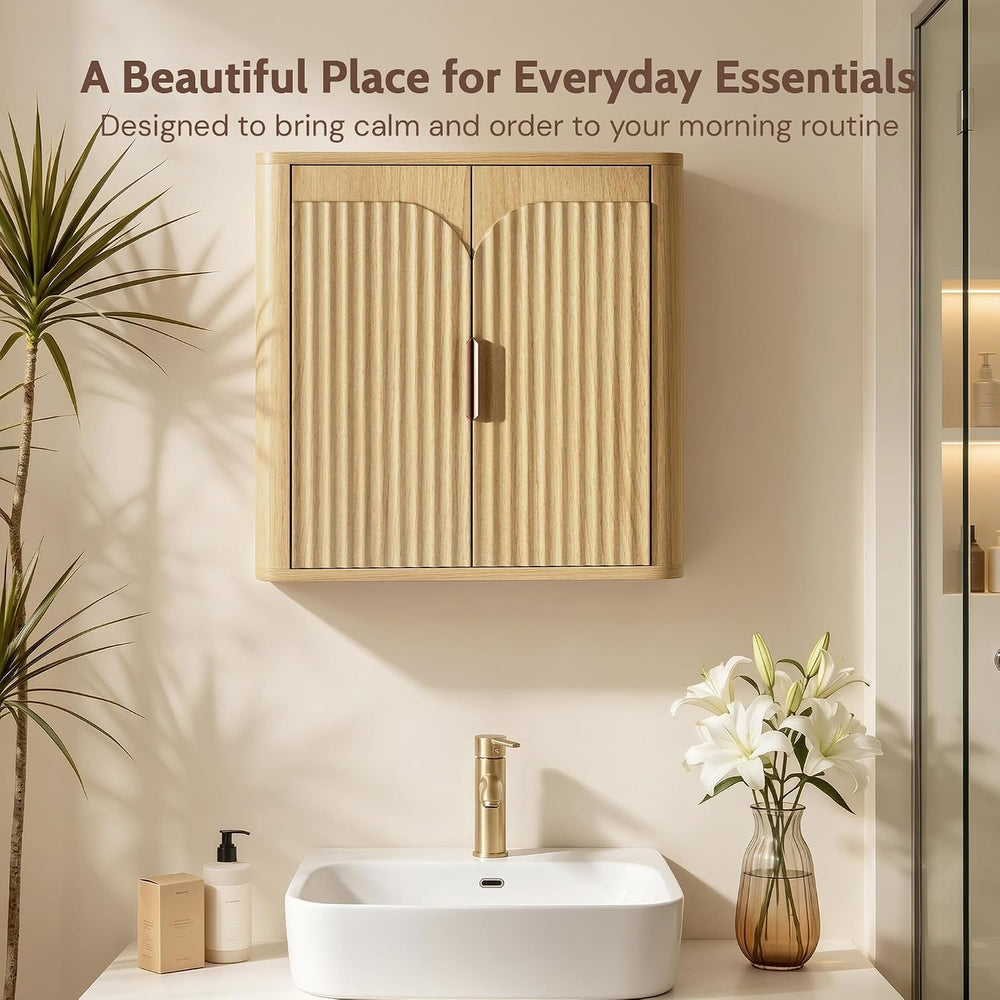 Fluted Bathroom Wall Cabinet with 2 Doors, 3-Tier Wood Wall Mounted Medicine ...