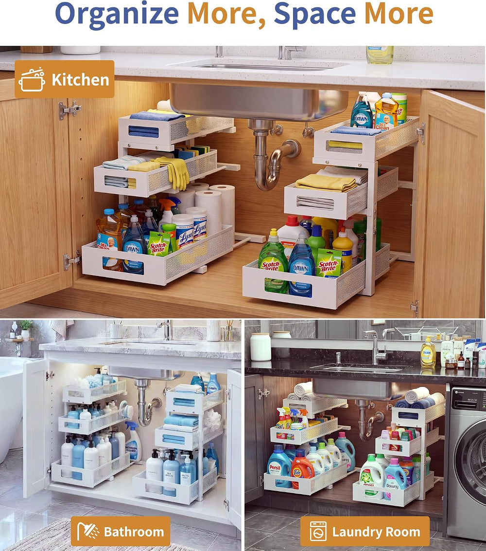 Under Sink Organizer, Pull Out Under Kitchen Sink Organizers, 2 Pack 3 Tier