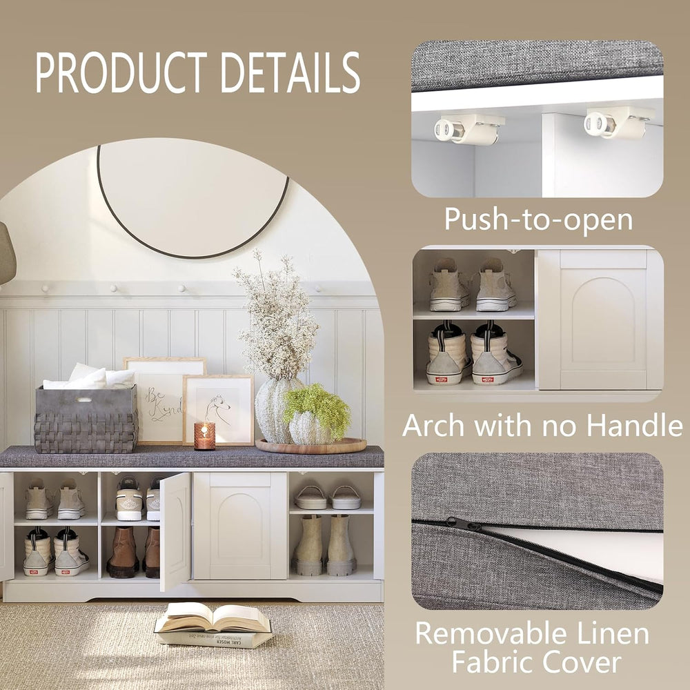 DINZI LVJ Shoe Storage Bench with Cushion, Door, White 47.2" LX17.7 H
