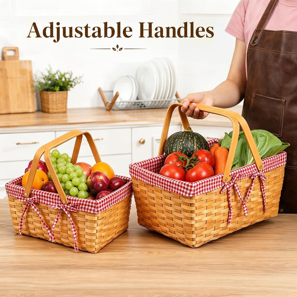 Yesland Picnic Basket, 2 Sizes Natural Woven Woodchip Basket with Double Fold...
