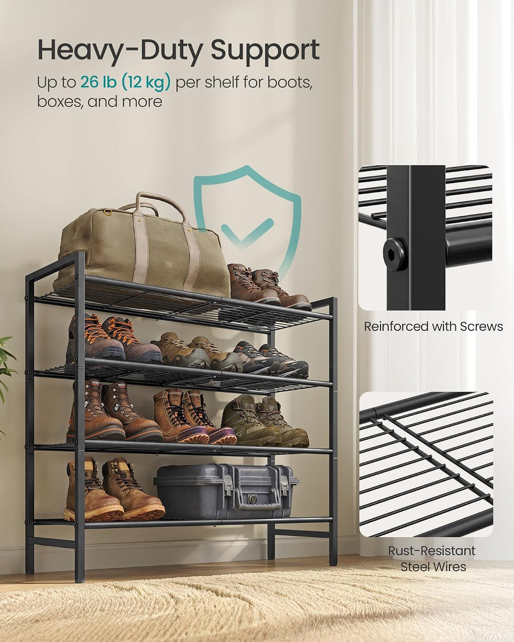 SONGMICS 4-Tier Metal Shoe Rack, Vertical Shelf, Holds up to 20 Pairs