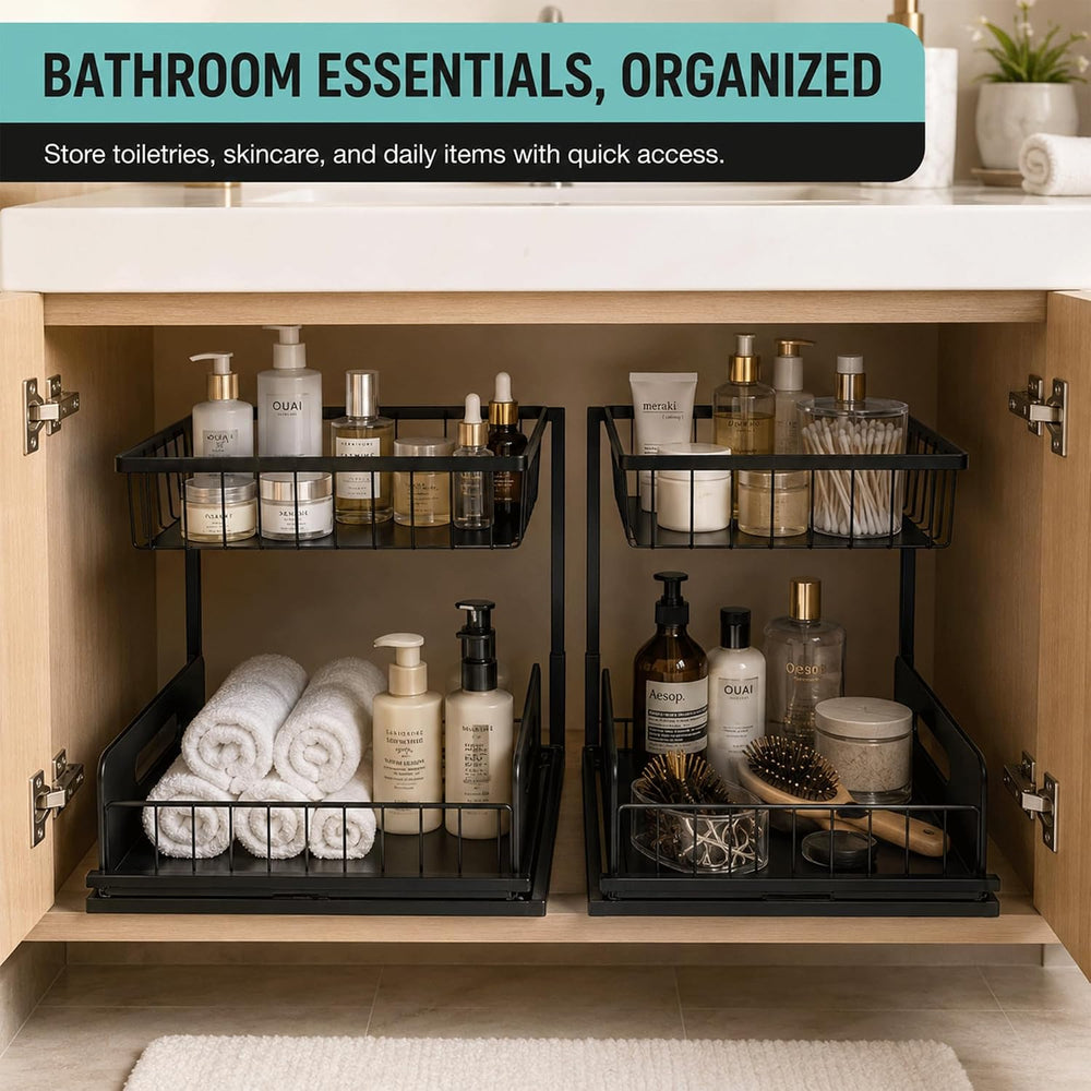 2-Tier Under Sink Organizer, Pull-Out Cabinet Storage Rack, Black, Adjustable...
