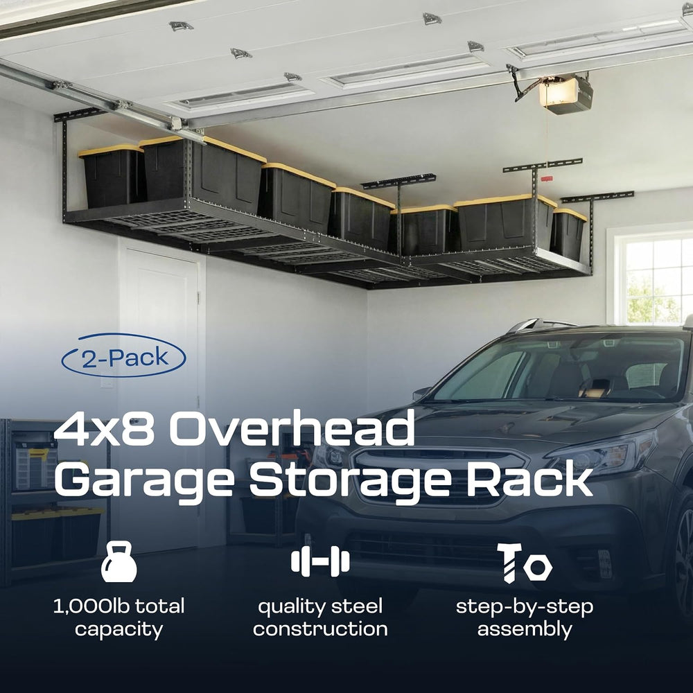 MonsterRax 2-Pack 4x8 Overhead Garage Storage Rack, Gray, 12"-24" H...
