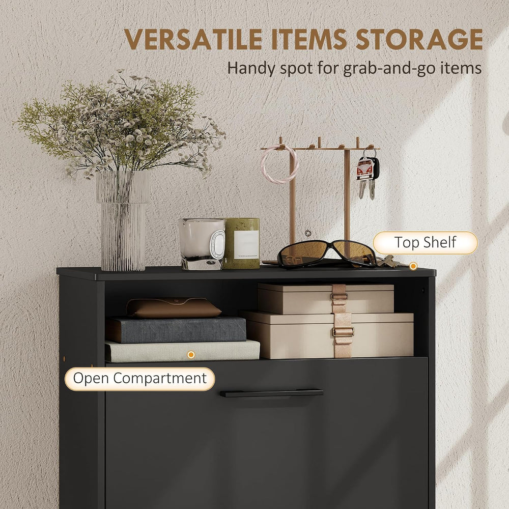 HOMCOM Shoe Cabinet with 2 Flip Drawers, Open Shelf, up to 12 Pairs, Black