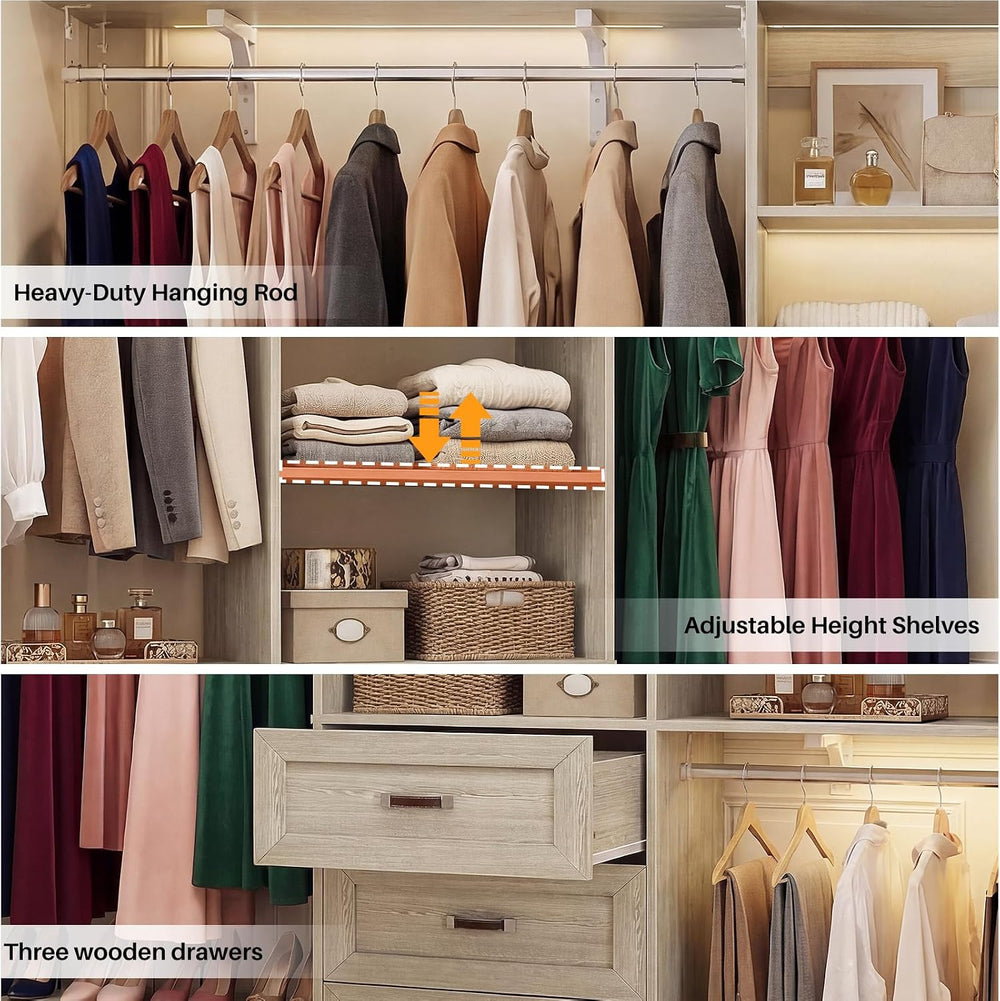 8FT Closet System with 3 Curved Drawers, 96'' Wooden Walk-in Closet O...