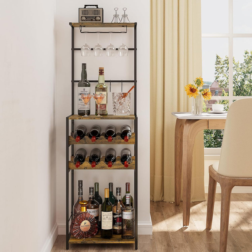 5-Tier Wine Rack Freestanding Floor, Liquor Bar Stand with Glasses Holder and...