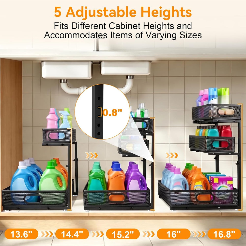3 Tier Adjustable Under Sink Organizer for Bathroom & Kitchen(2Pack, Black)