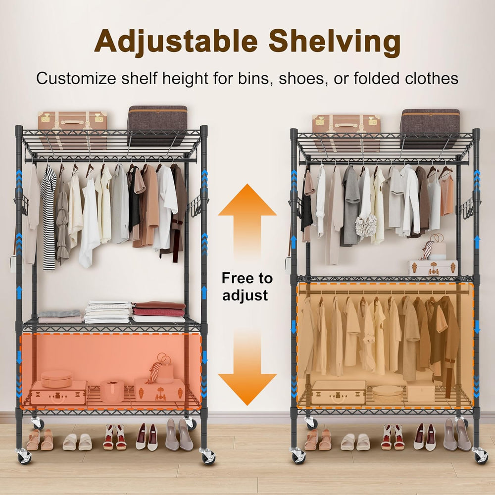 Whitmor 3 Tier Rolling Garment Rack, Heavy Duty Adjustable Metal Clothing Rac...