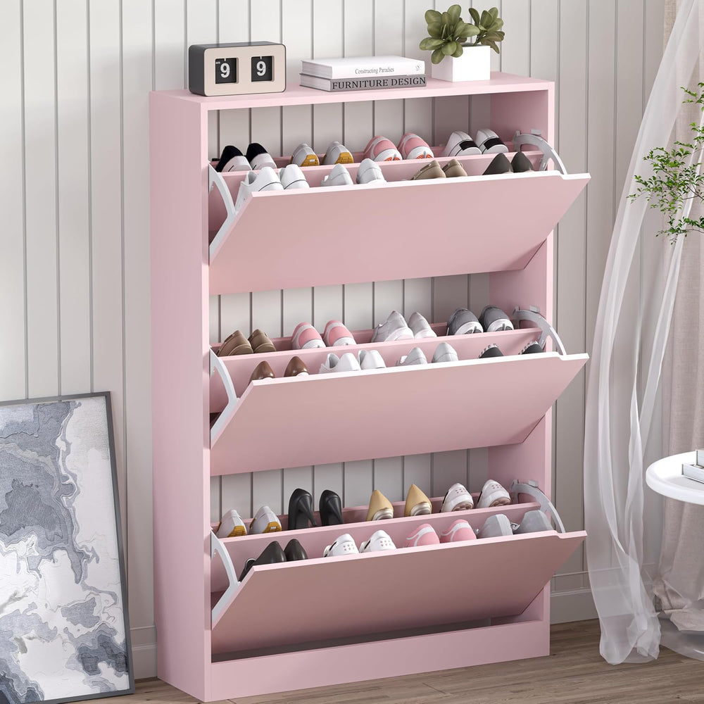 Shoe Cabinet with 3 Flip Drawers, Hidden Wood Shoe Cabinet, Freestanding Shoe