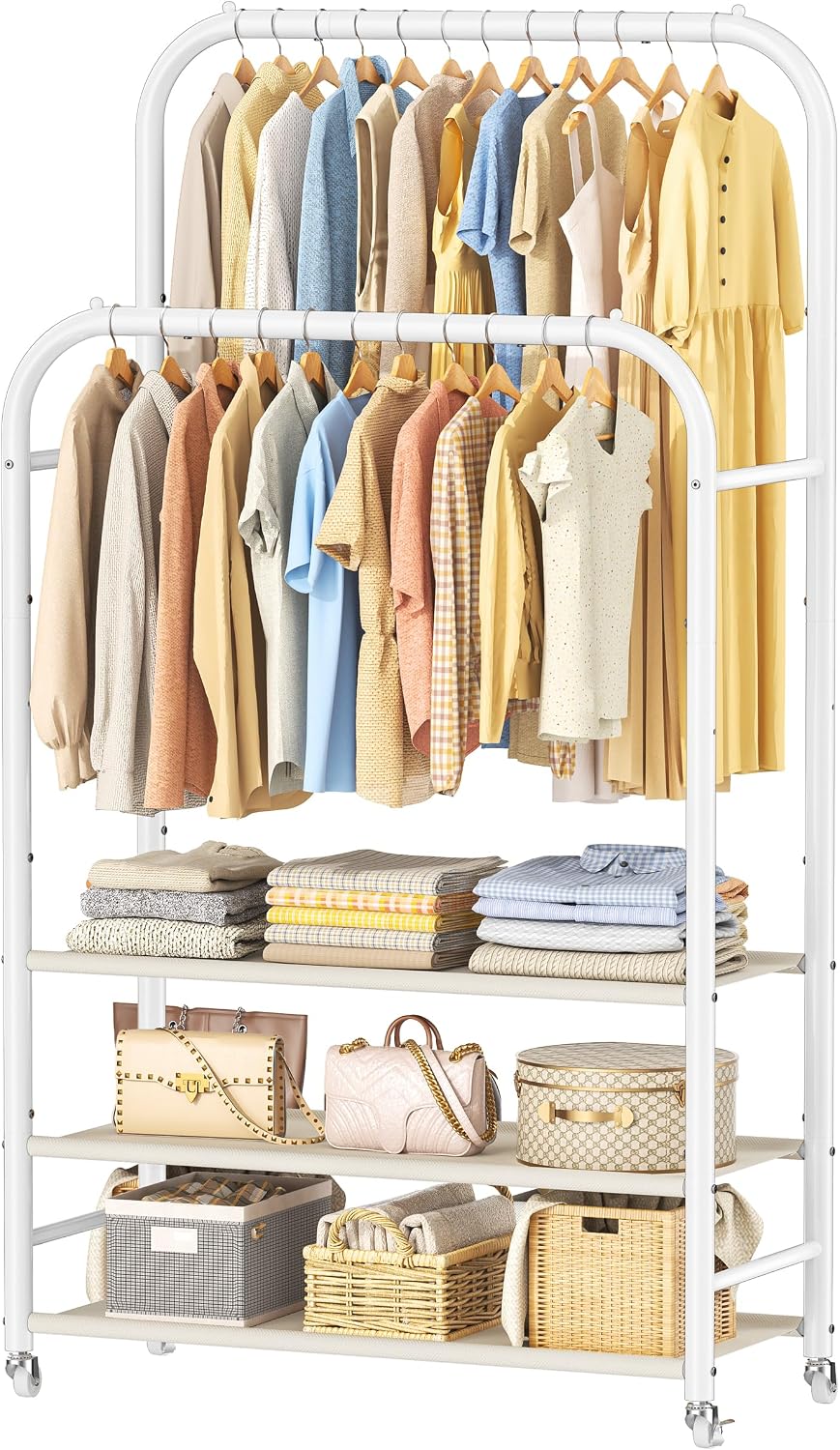 HOMIDEC Clothes Rack,Double Rods Clothing Rack with 3 Tier Shelve&Wheels