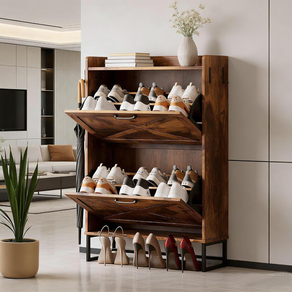 NUNU LAB Farmhouse Shoe Cabinet Storage for Entryway with 2 Flip Drawers &amp...