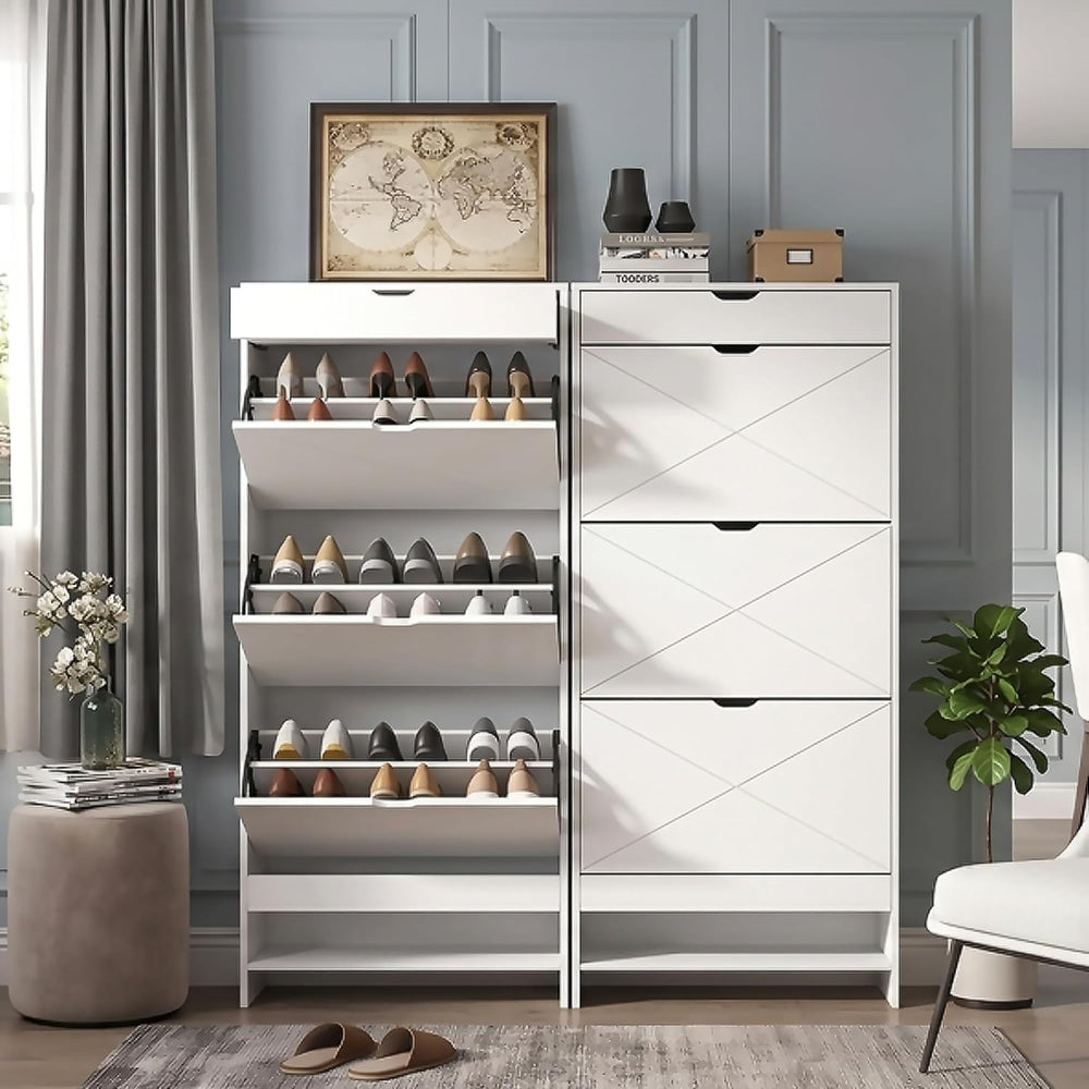 Slim White Shoe Cabinet with 3 Flip Drawers & X-Design for Entryway (21 P...