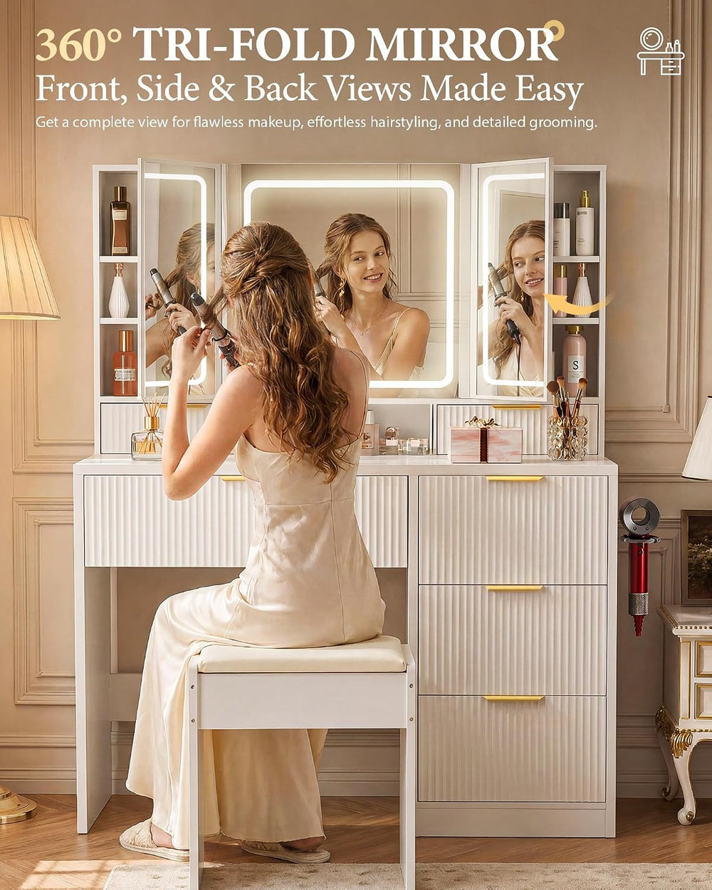 COMHOMA Vanity Desk with 3-Way Mirror and Lights, Makeup Vanity with 360° Vie...