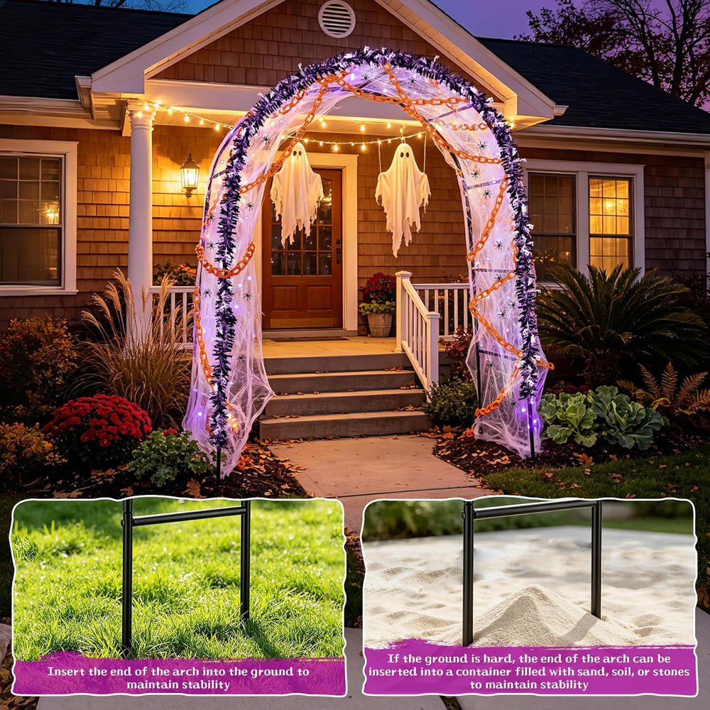 7Pcs Halloween Outdoor Arch Decor, 1 Arches 20 Spiders 3 Tinsel Garland