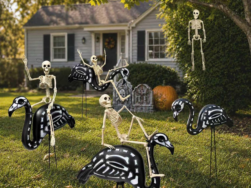 4-Pack Halloween Black Flamingo Skeleton with 4-Pack 16" Posable Skeletons