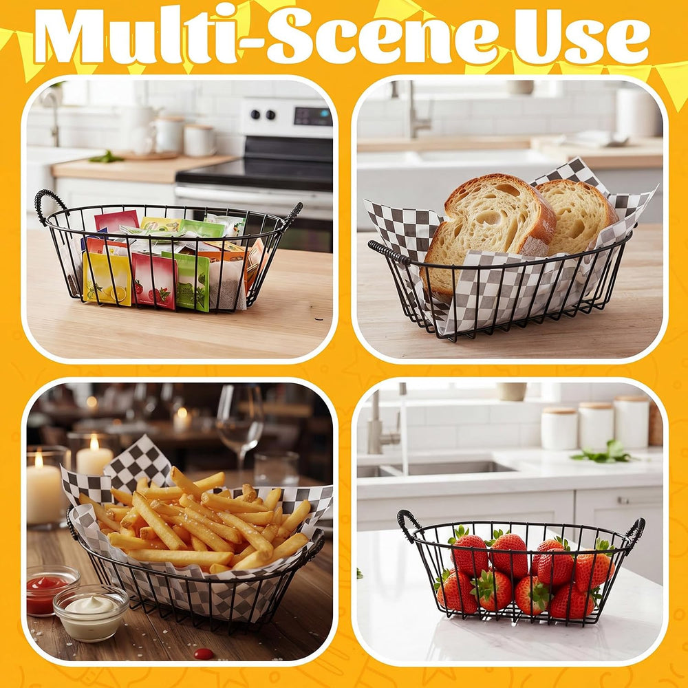 24 Pack Metal Bread Basket Set with 100 Plaid Liners Wire,Black