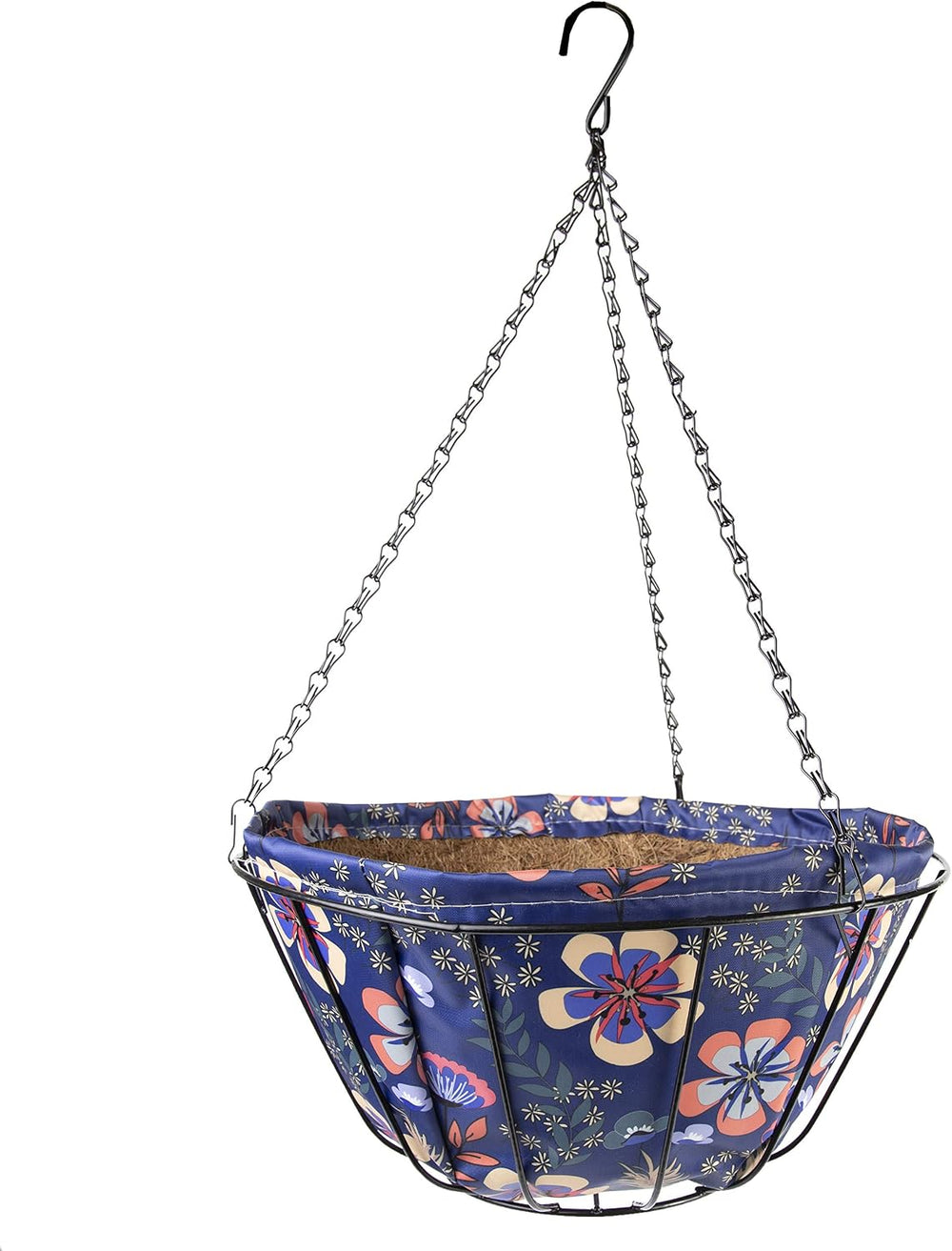 14" Hanging Basket with Fabric Coco Liner Cyan Color Theme