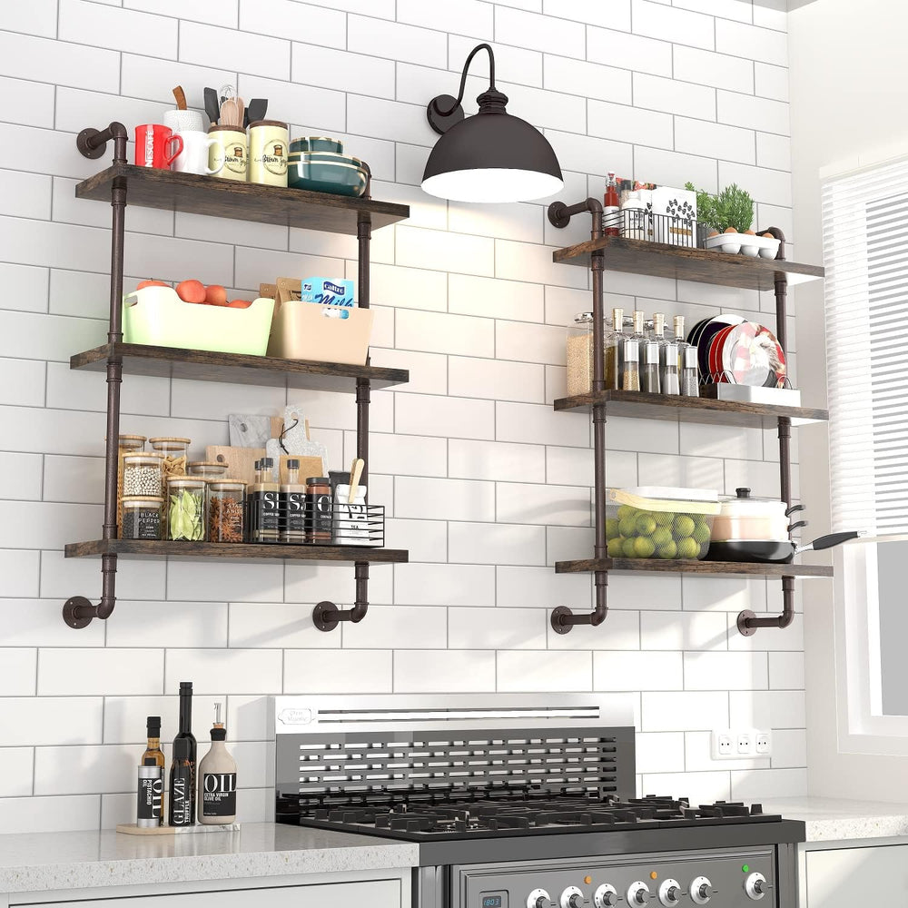 Industrial Pipe Shelf Wall Mounted, Rustic Wood Floating Shelves, 3 Tier Wall...