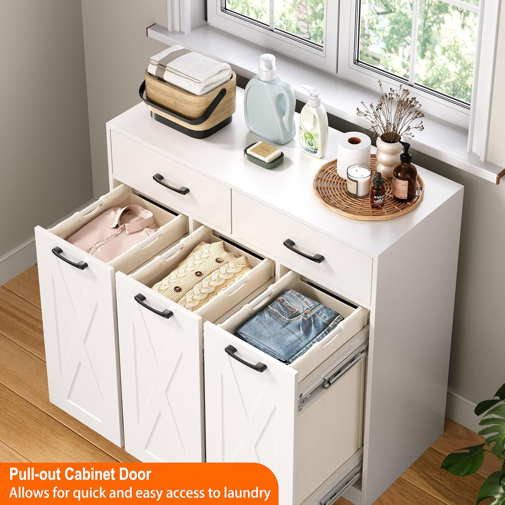 Herture Laundry Hamper Cabinet, Laundry Basket 3 Section with 2 Storage Drawe...