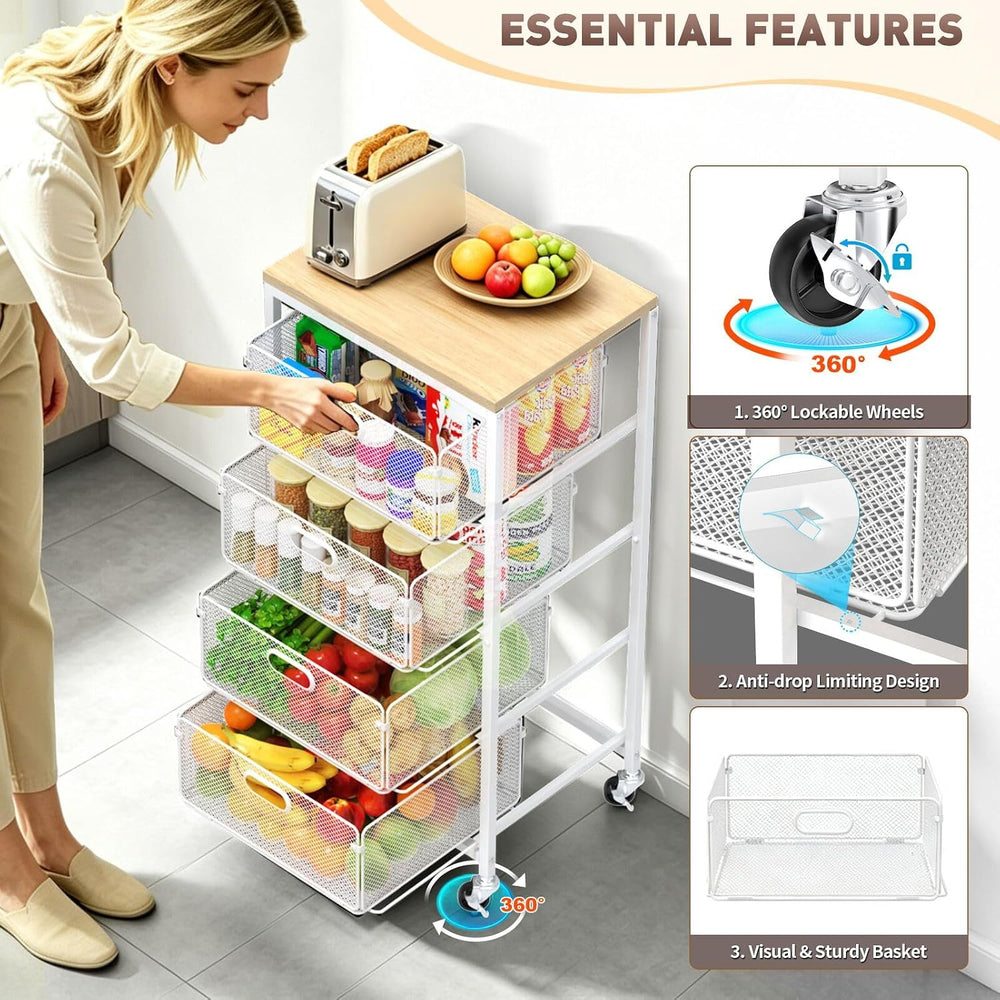 Kitchen Storage Cart with Drawers,Metal Snack Cart Organizer,White