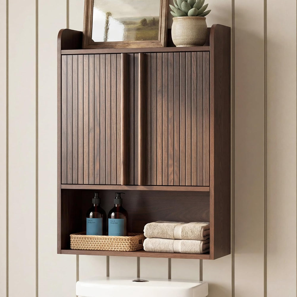 Fluted Wall Cabinet 33" H,Bathroom Cabinet Mid-Century Modern Dark