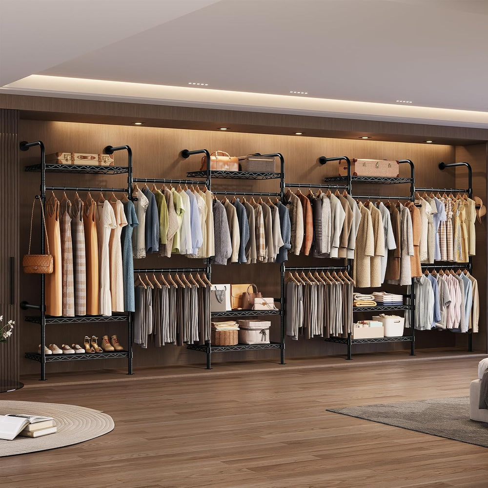 Wall Mounted Closet System, Heavy Duty 6-Row Clothes Rack, Expandable Industr...