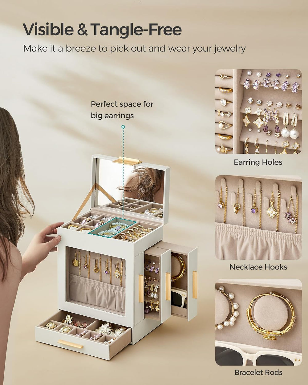 SONGMICS 5-Layer Jewelry Box with Glass Window, 3 Side Drawers
