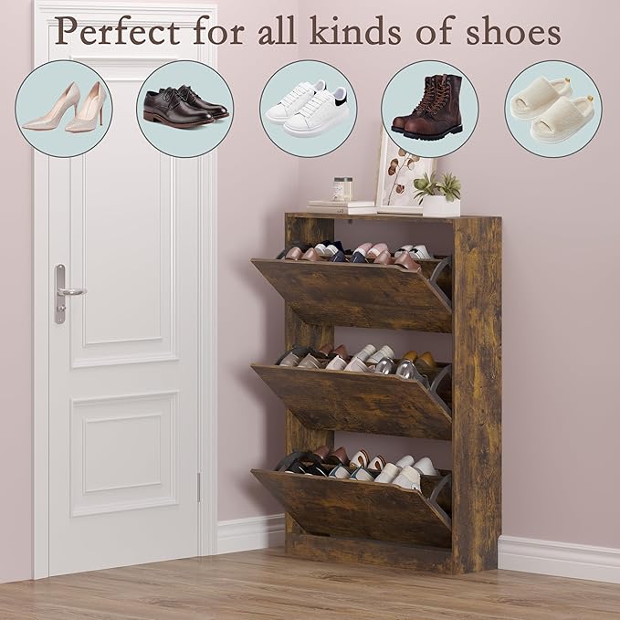 Shoe Cabinet with 3 Flip Drawers, Hidden Wood Shoe Cabinet, Freestanding Shoe