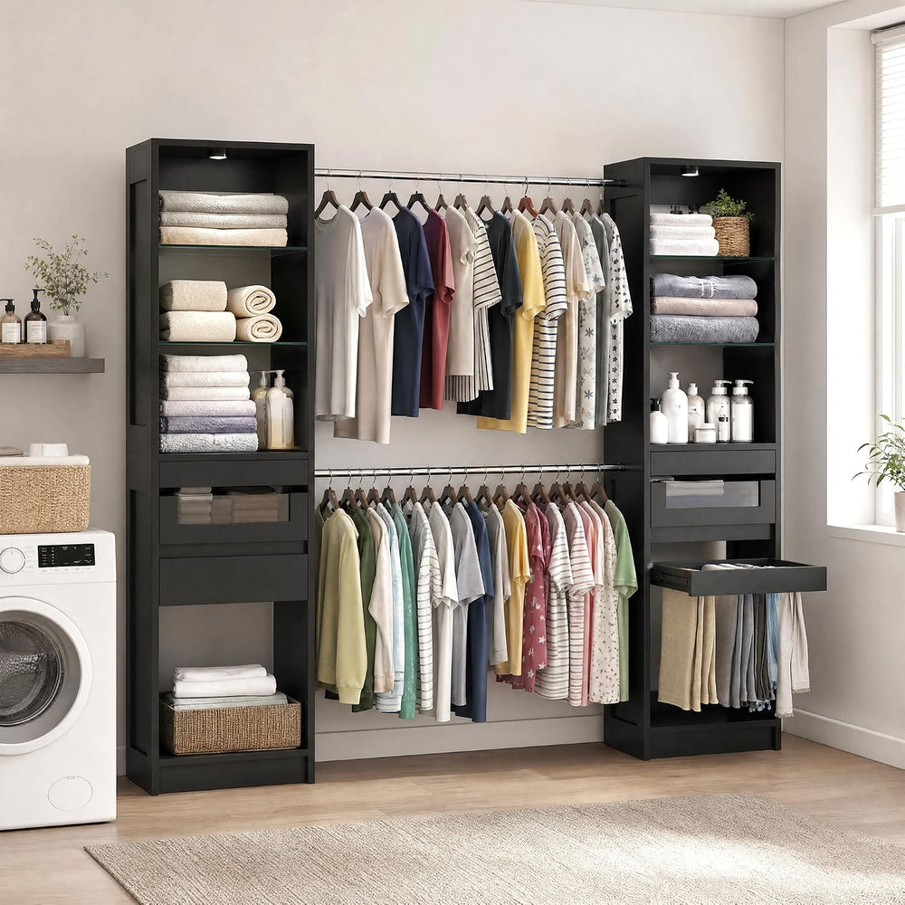 6-12 Ft Closet System with LED Lighting & 4 Adjustable Rods (Black)