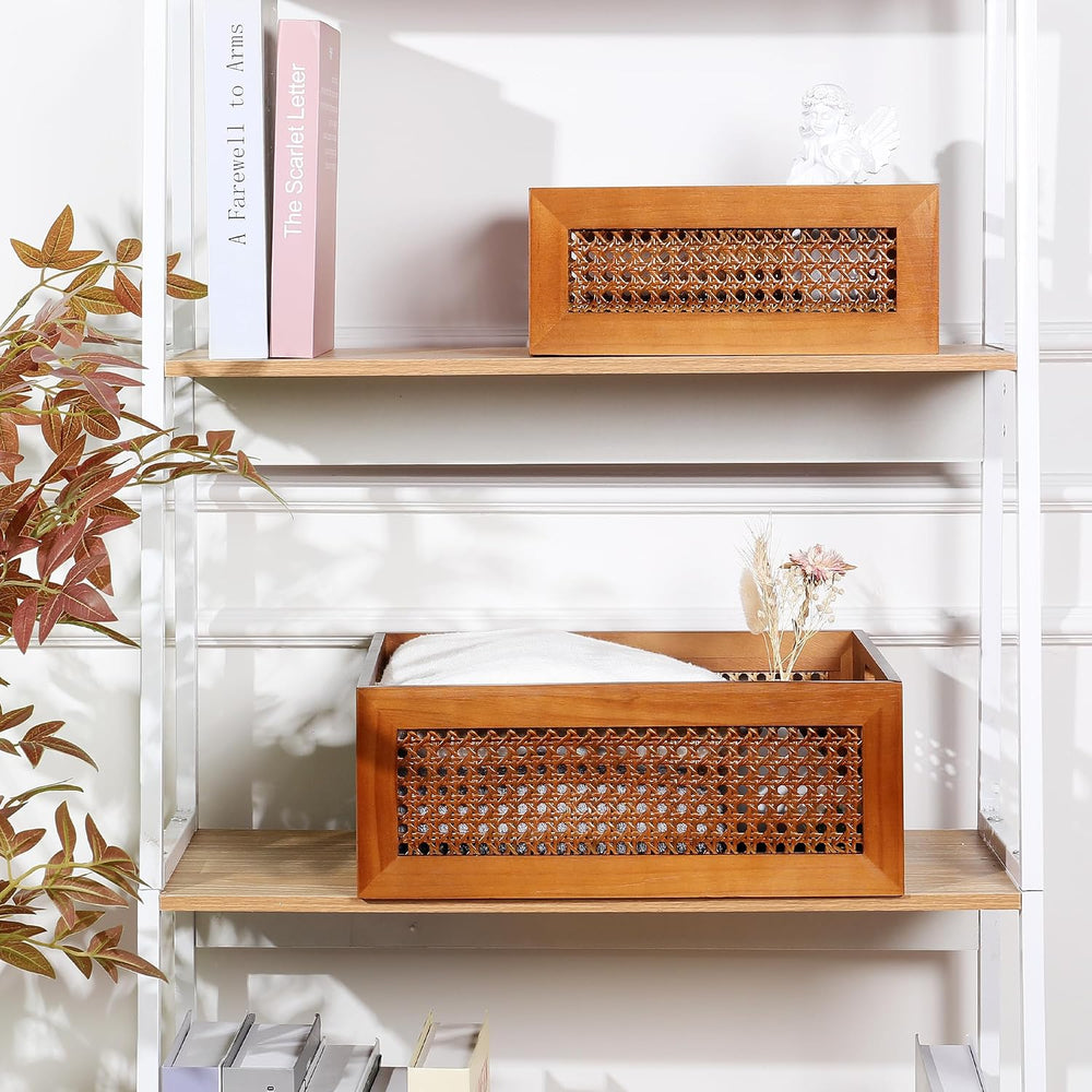 Rattan Wooden Box Set of 4 Handmade Decorative Storage Basket with Handles