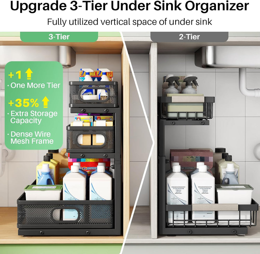 Kitstorack Under Sink Organizer, 1-Pack 3-Tier Height Adjustable Thickened Me...