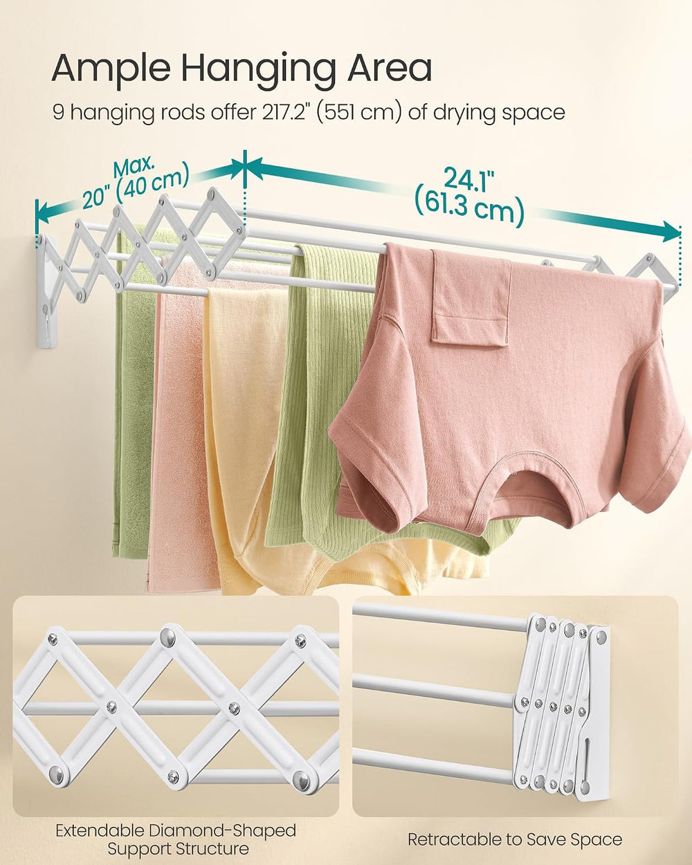 SONGMICS Clothes Drying Rack, Wall-Mounted, 9 Staggered Hanging Rods
