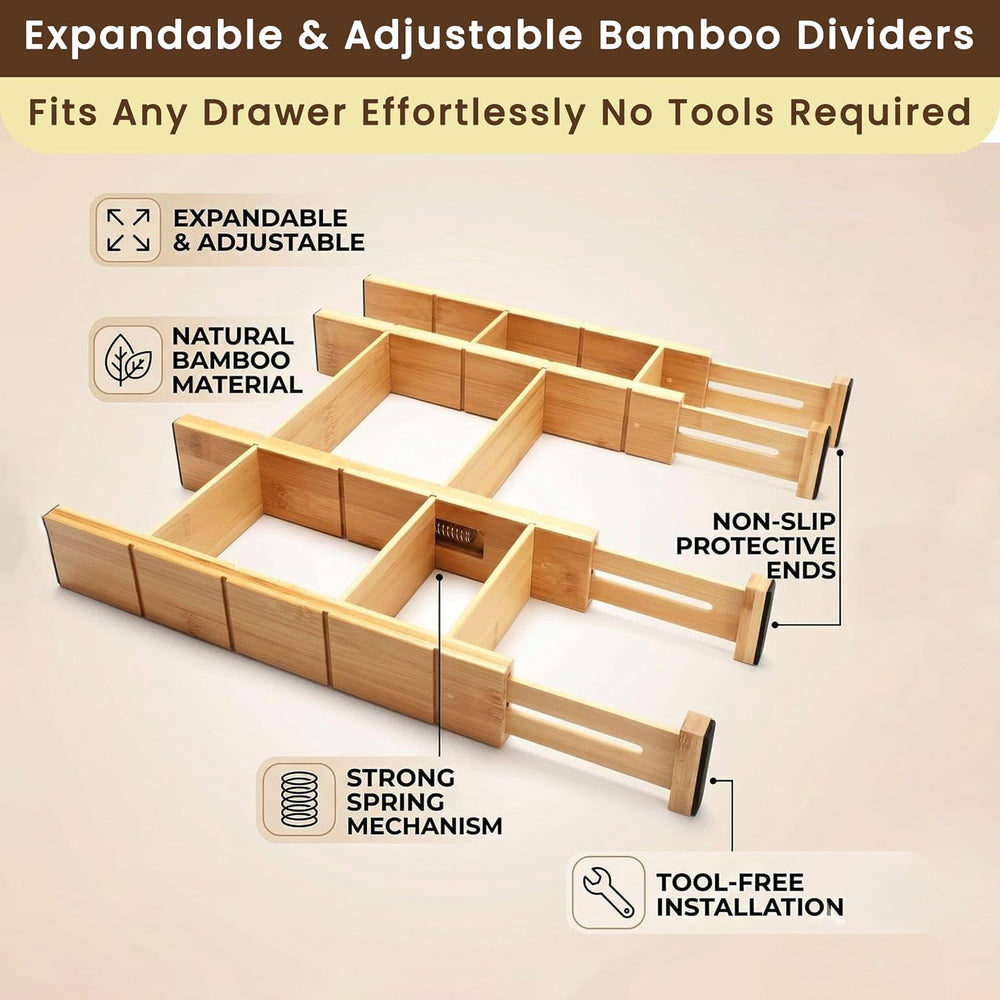 6 Pack Bamboo Drawer Dividers with 12 Inserts, Adjustable 17–22 Inch Expandab...