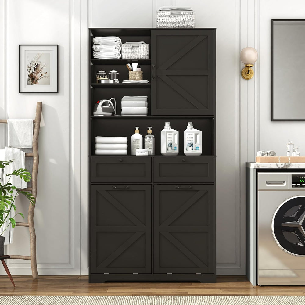 78" Tall Tilt-Out Double Doors Laundry Cabinet Hamper w Hidden Laundry H...