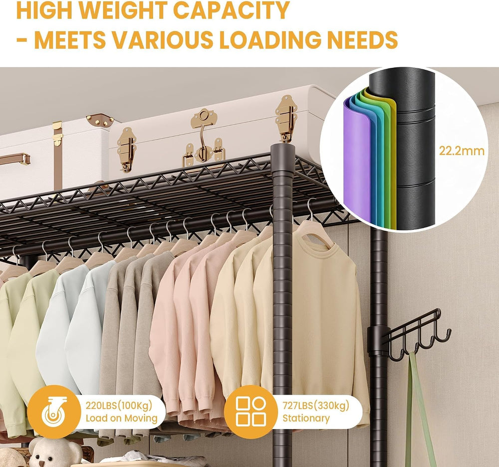 Garvee 3 Tier Clothes Rack with Wheels, Adjustable Shelves & 2 Hanging Ro...