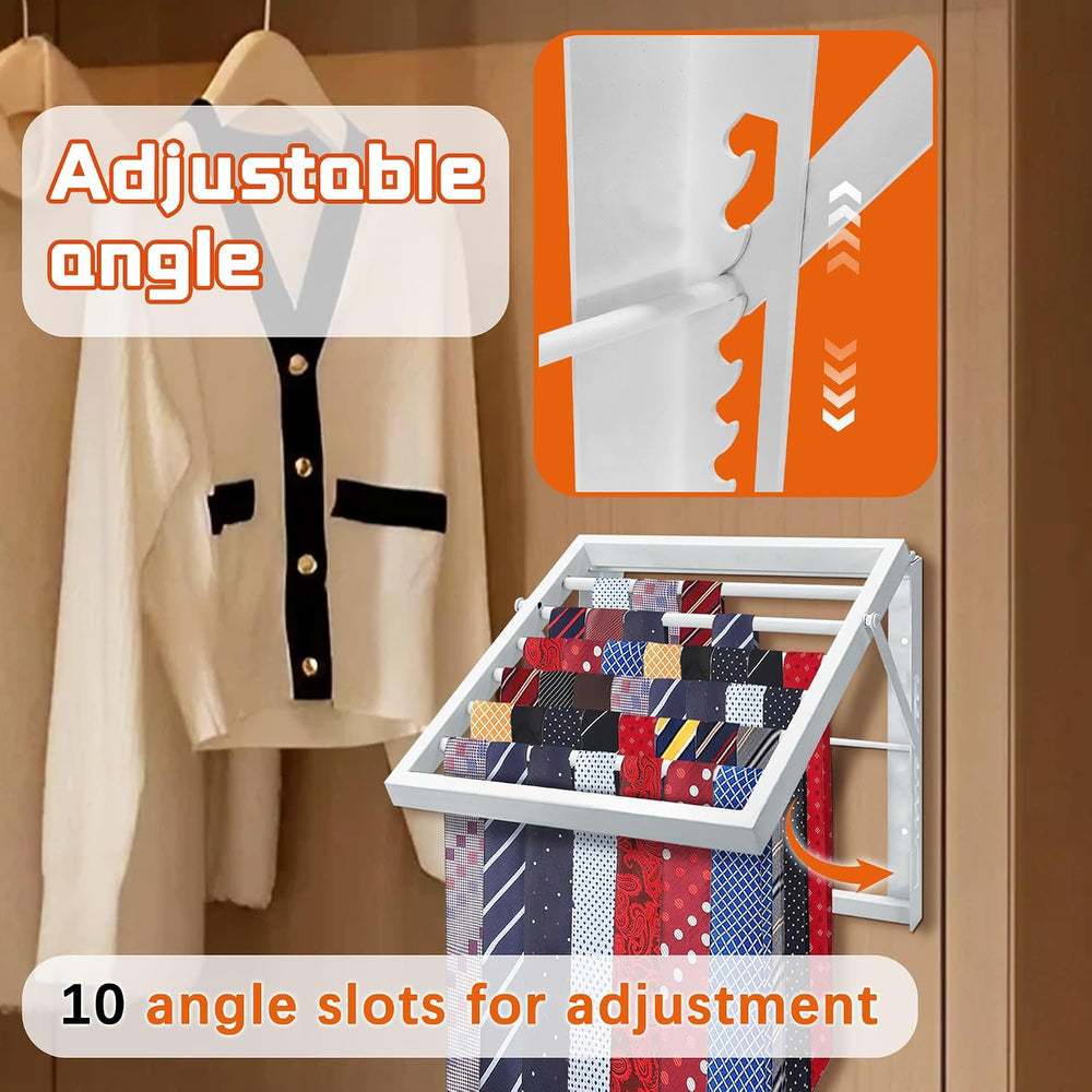 Tie Rack Wall Mounted, Adjustable Angle Tie Organizer for 60 Ties & Scarves